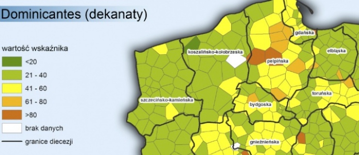 Odsetek katolików uczęszczających na mszę św. niedzielną w odniesieniu do ogólnej liczby zobowiązanych