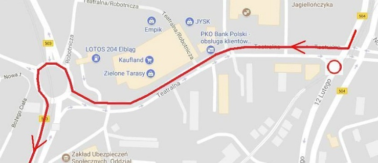 Schemat funkcjonowania ruchu na skrzyżowaniu w związku z planowanymi zmianami w organizacji ruchu oraz mapa z wyznaczonym objazdem na drodze DW 504