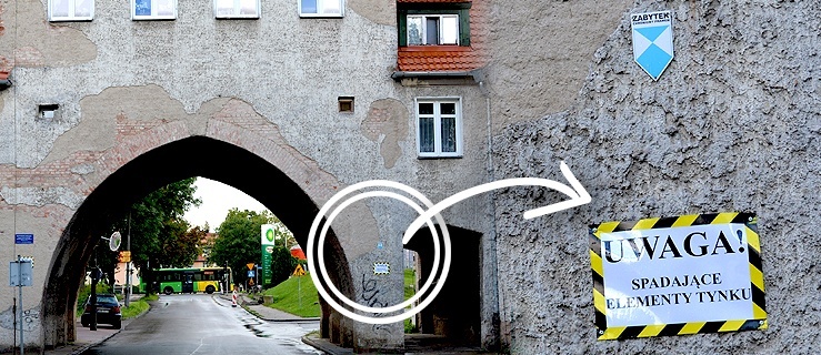 Uwaga na spadające tynki z bramy przy ulicy Pionierskiej 