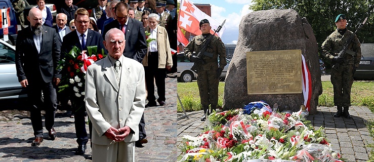 Po lewej: Marian Pilarz w trakcie uroczystych obchodów 70. rocznicy Sprawy Elbląskiej, po prawej: obelisk Sprawy Elbląskiej