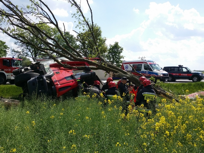 Groźny wypadek na siódemce. Ciężarówka uderzyła w drzewo