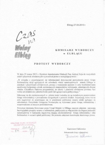 Grupa referendalna skarży do PKW na dyrektora Soję
