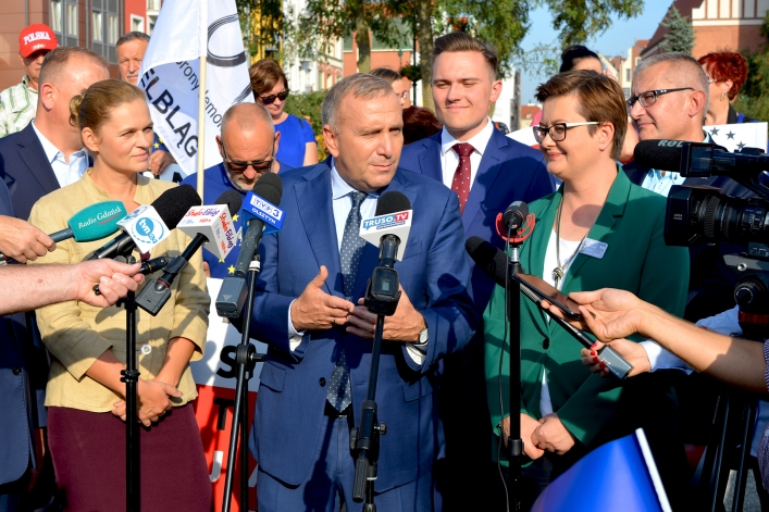 Liderzy Koalicji Obywatelskiej (Grzegorz Schetyna, Katarzyna Lubnauer, Barbara Nowacka) w Elblągu