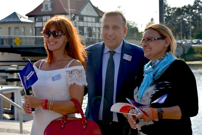 Liderzy Koalicji Obywatelskiej (Grzegorz Schetyna, Katarzyna Lubnauer, Barbara Nowacka) w Elblągu