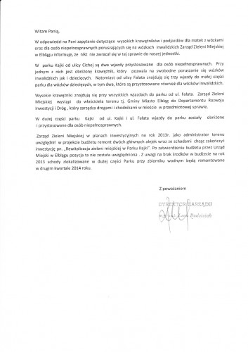 Odpowiedź Zarządu Zieleni Miejskiej w sprawie podjazdów
