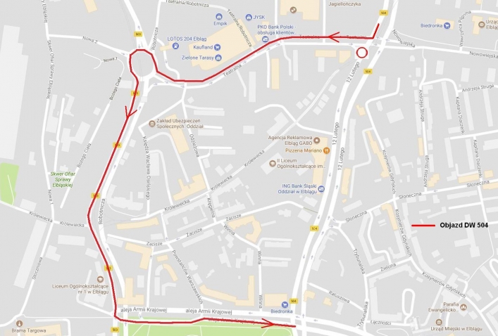 Schemat funkcjonowania ruchu na skrzyżowaniu w związku z planowanymi zmianami w organizacji ruchu oraz mapa z wyznaczonym objazdem na drodze DW 504
